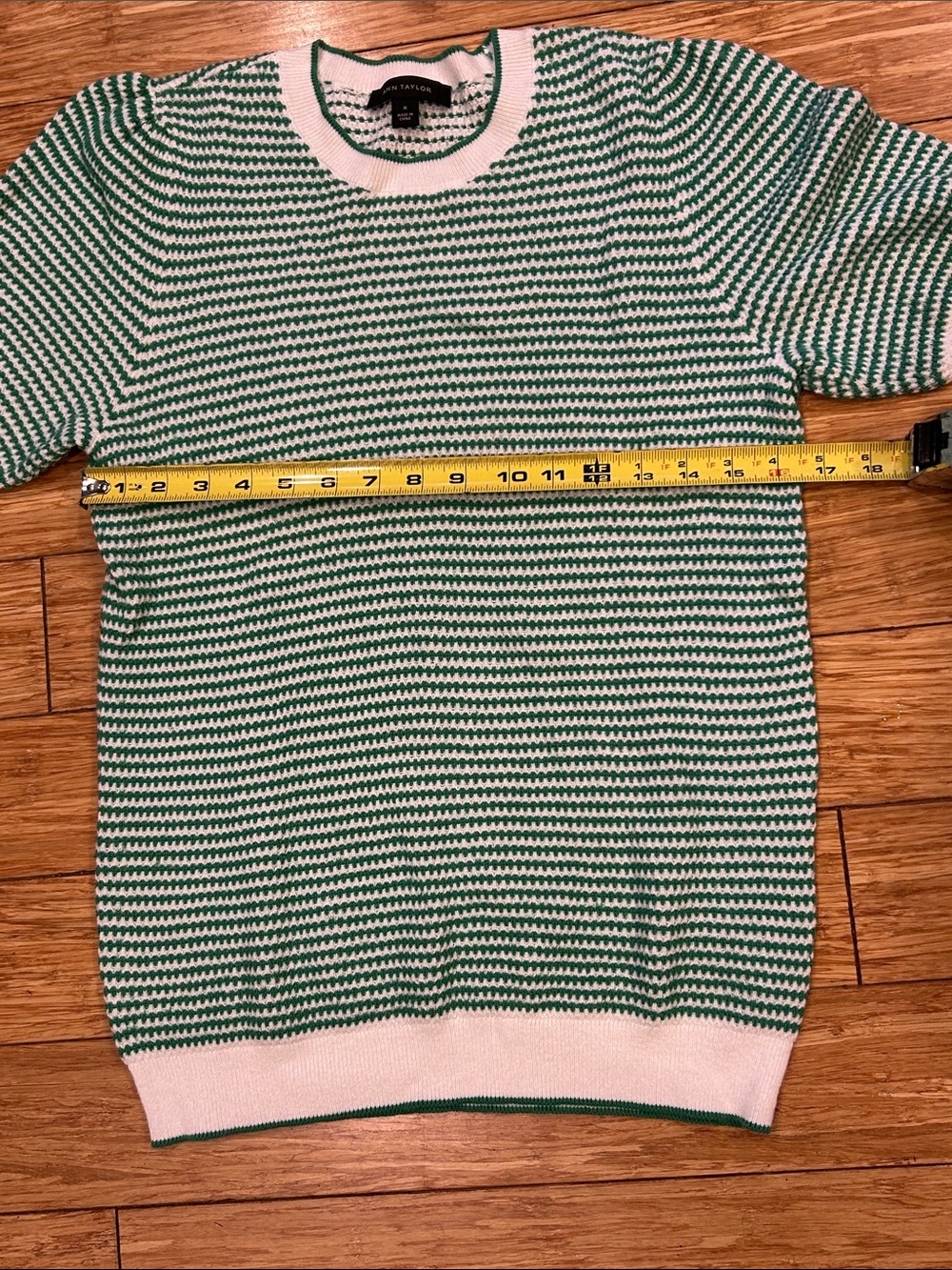 Ann Taylor Green & White Striped Puff-Sleeve Crewneck Preppy Summer Sweater M - Picture 5 of 5